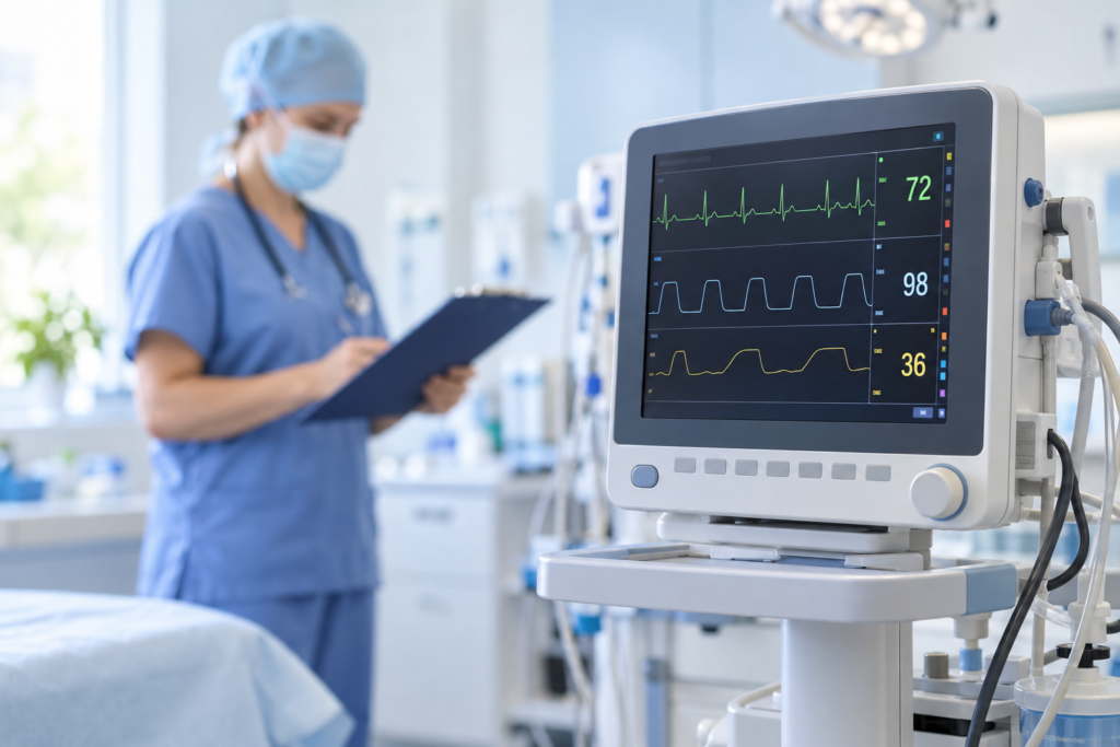 Monitor de sinais vitais em primeiro plano e profissional médico ao fundo, em imagem ilustrativa sobre segurança na sedação ambulatorial.
