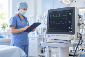Monitor de sinais vitais em primeiro plano e profissional médico ao fundo, em imagem ilustrativa sobre segurança na sedação ambulatorial.